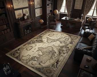 Rug Antique World Map Vintage Earth Globe Design Carpet for Explorer Themed Room Decor