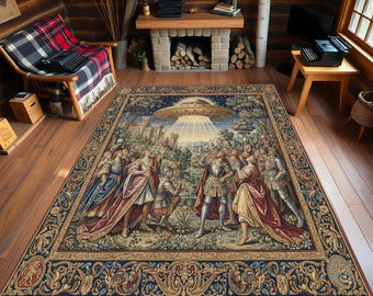 Medieval Style Rug, UFO Spaceship, Royal Scene, Vintage Alien Art Carpet
