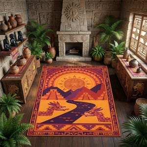 Puede incluir: Una vibrante alfombra con un diseño azteca que presenta un sol, pirámides y dragones en tonos naranja, morado y rojo. La alfombra está colocada en una habitación con paredes de piedra, muebles de madera y plantas en macetas.