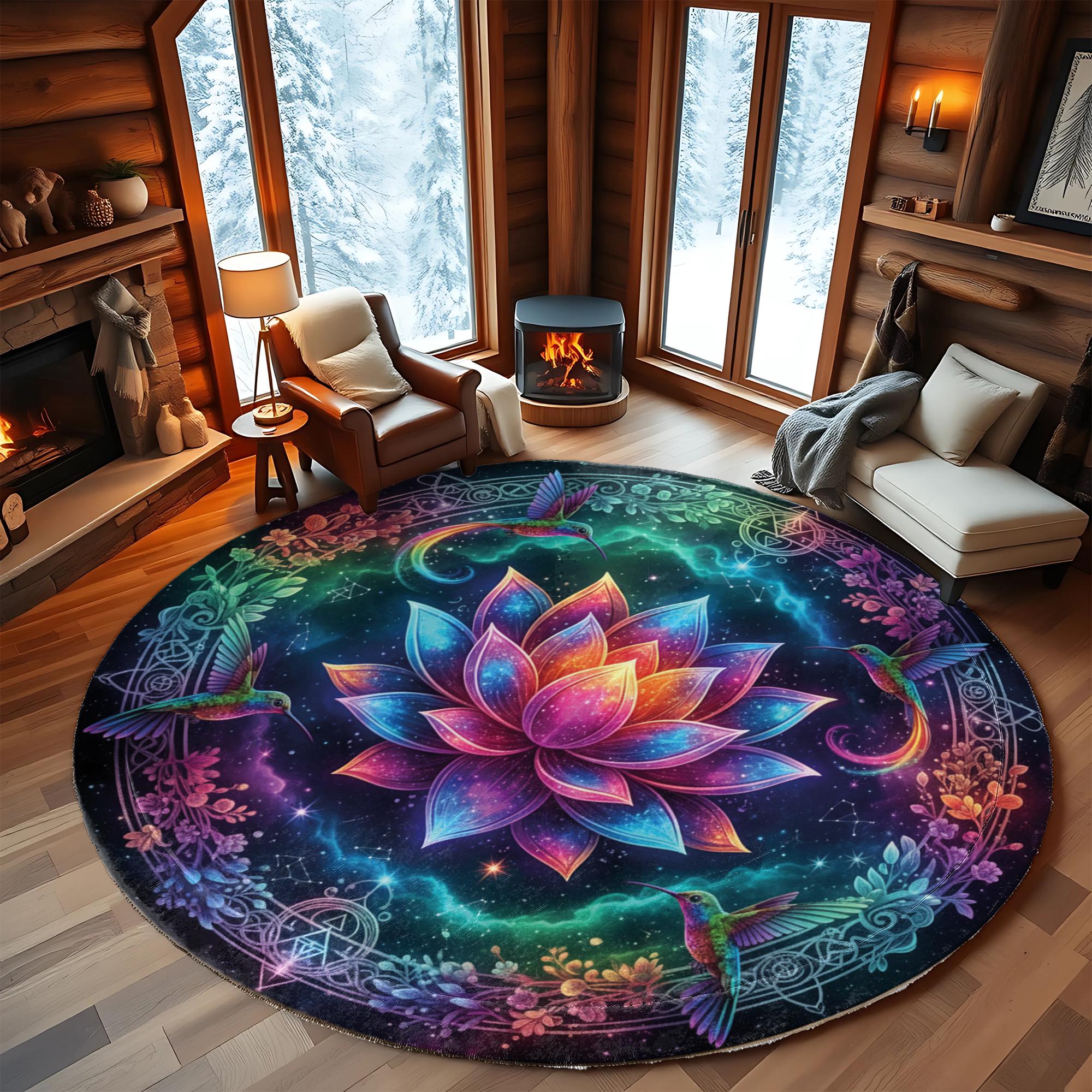 Round Hummingbird Rug Lotus Flower Round Rug: Hummingbirds & Cosmic Mandala, Boho Decor - Etsy