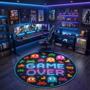 Gamer Room Rug, Retro Pixel Game Over Round Mat, Neon Arcade Icons | Chenille Or Dot Base | Up To 180cm