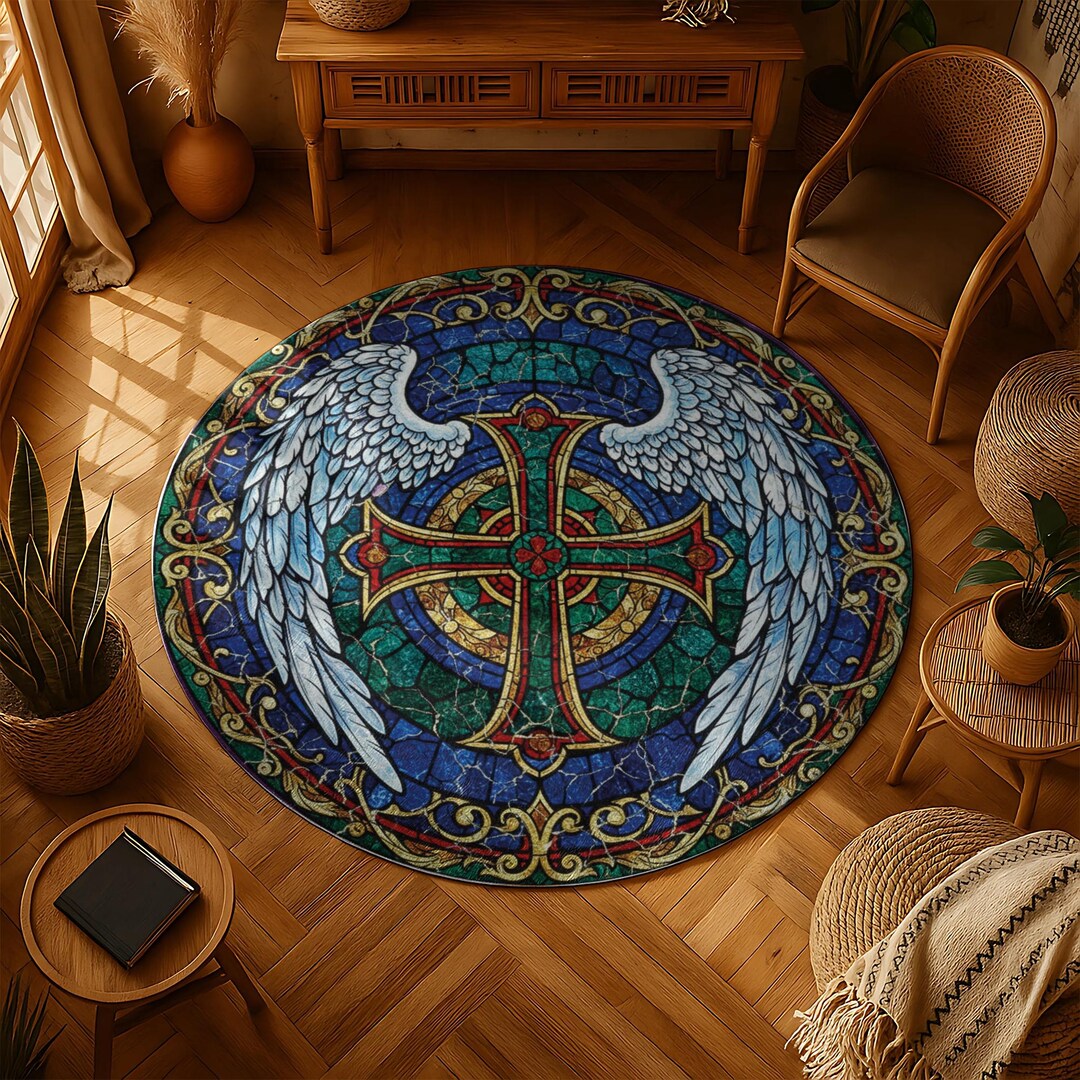 Angel Fairy Rug Stained Glass Angel Wings Rug With Ornate Cross Design, Sacred Round ...