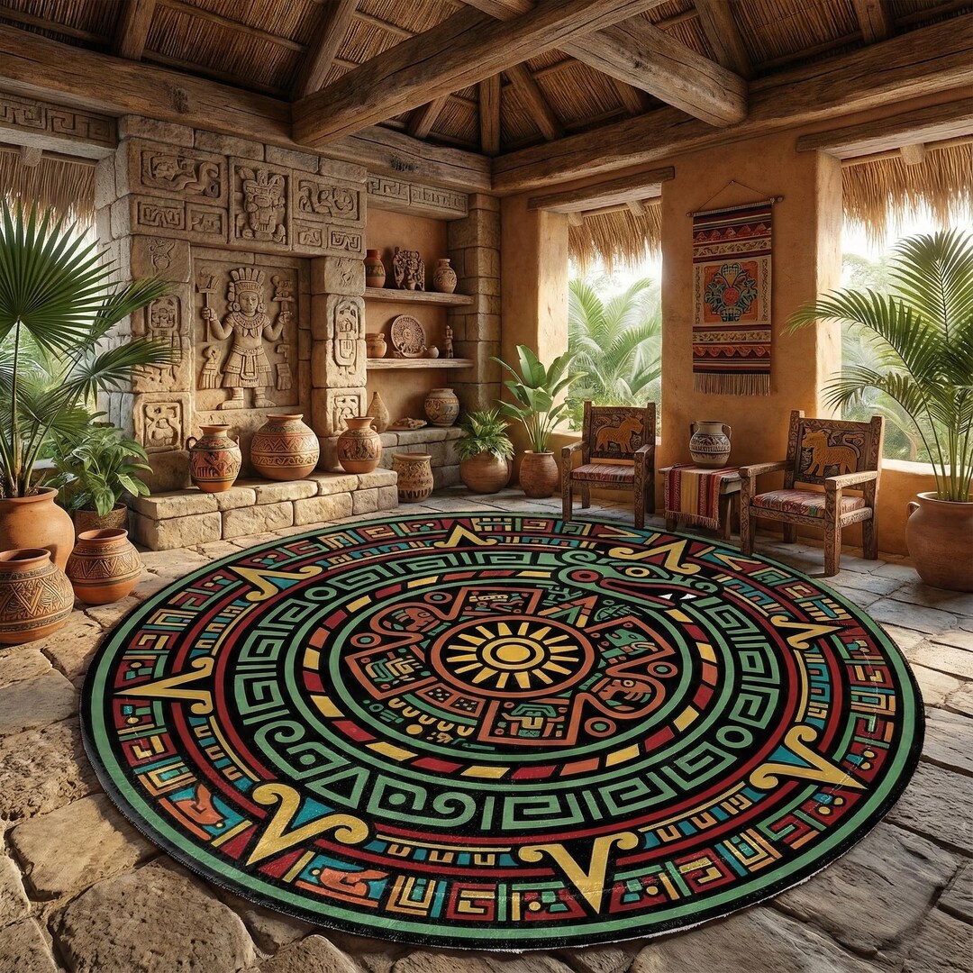 Aztec Rugs Turquoise Aztec Round Rug Sun Stone Tribal Symbols for Boho Living Room Cultural ...