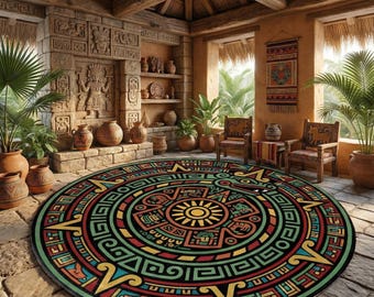 Aztec Round Rug Sun Stone  Tribal Symbols for Boho Living Room Cultural Decor Spaces