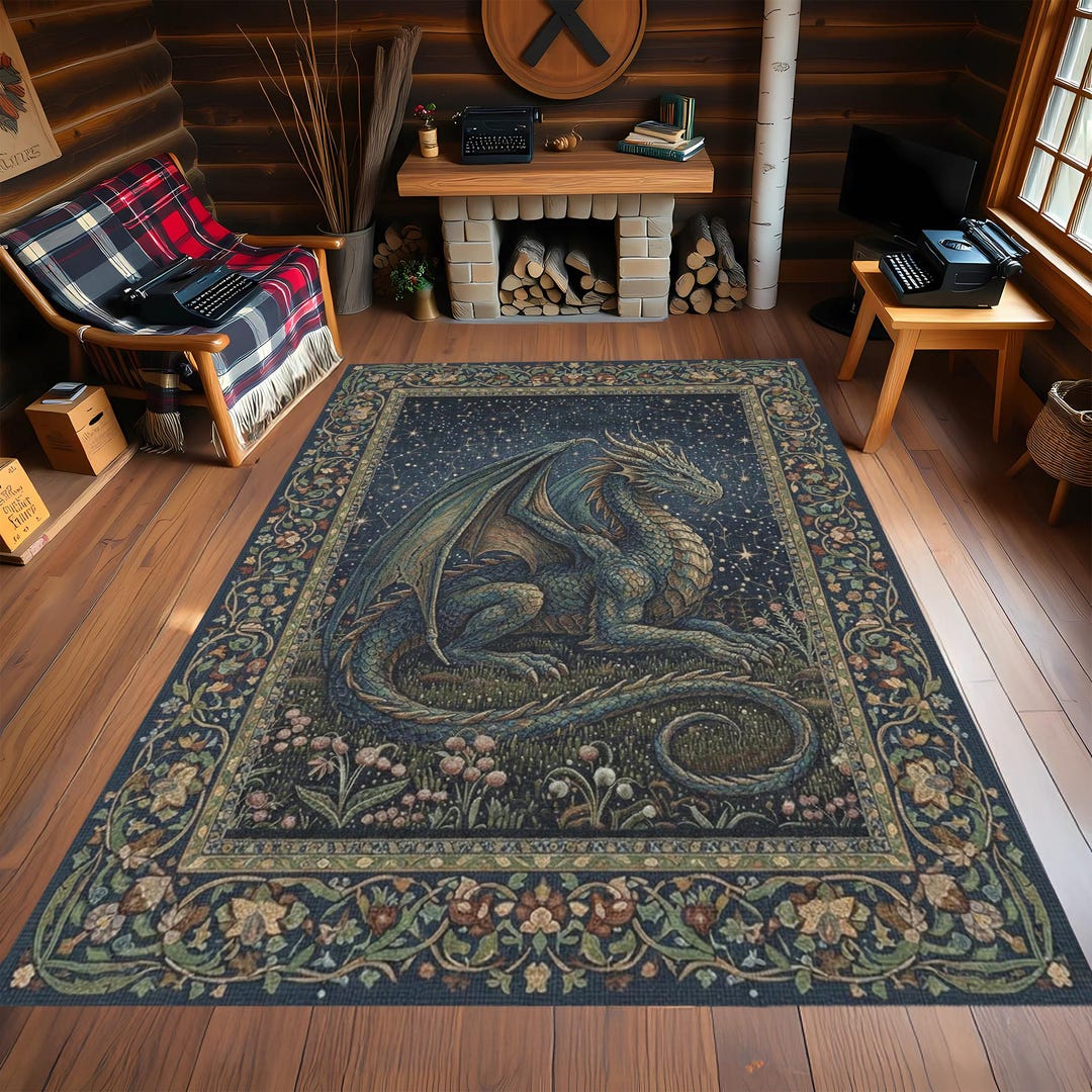 Fantasy Dragon Rug, Starry Night Floral Border - Mystical Medieval ...