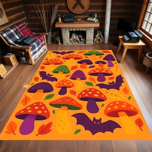 Colorful Halloween Mushroom Rug with Bats and Leaves Design – Bright Fall Kids Room Carpet for Playroom Nursery or Halloween Decor Gift Idea