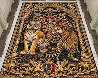 Luxurious Baroque Tiger Rug - Black Gold Damask with Filigree Borders & Coat of Arms