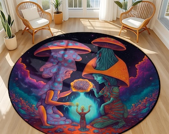 Psychedelic Mushroom People Round Rug: Trippy Boho Meditation Decor