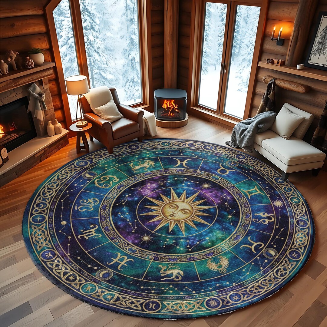Zodiac Sign Rug Celestial Zodiac Round Rug – Sun & Starry Galaxy Design With Golden ...