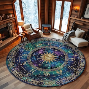 Pode incluir: Um tapete redondo com um design celestial, apresentando símbolos do zodíaco e um rosto solar central. O tapete tem um esquema de cores azul, verde e roxo com detalhes dourados. Está colocado numa sala com lareira e janelas grandes.
