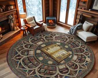 Ancient Library Round Rug with Open Spellbook and Bookshelf Rosette Design, Dark Academia Carpet