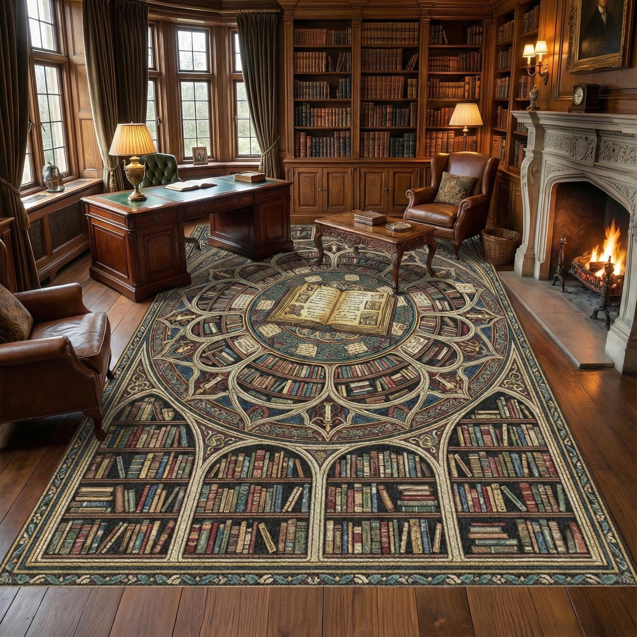 Literary Rug Gothic Library Rug With Medieval Book Design for Dark Academia Literary ...