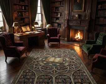Gothic Library Rug with Medieval Book Design for Dark Academia Literary Vintage Study Decor