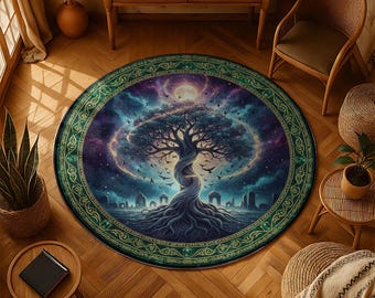 Cosmic Tree of Life Round Rug: Galaxy Moon Emerald Border