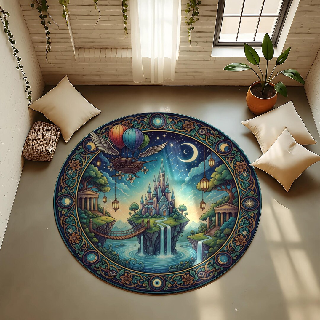 Fantasy Rug Collection Fantasy Castle Round Rug: Whimsical Airship Design, Boho Nursery Decor ...