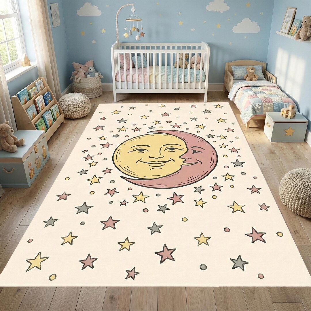 Rug for Kids Room Moon and Stars Soft Nursery Carpet for Baby or ...