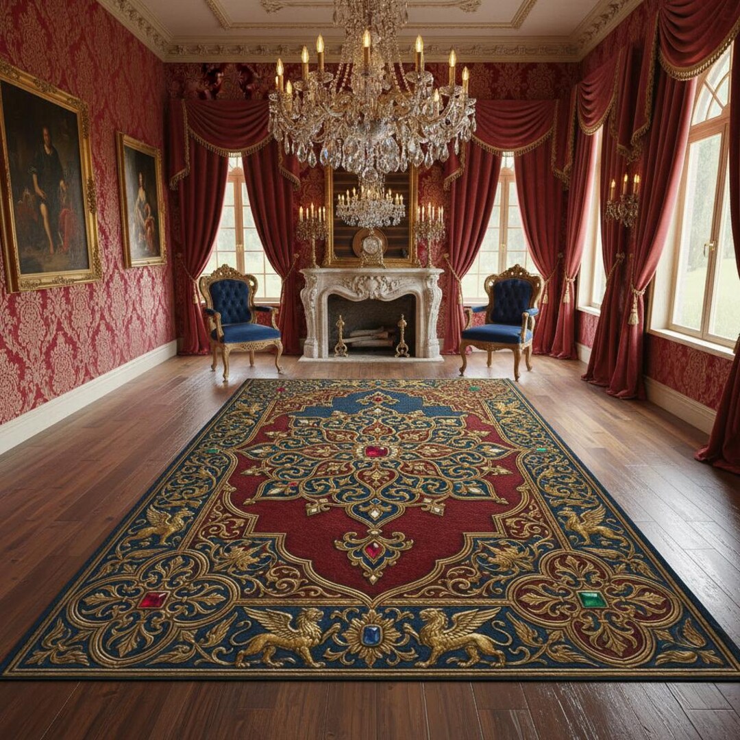Rug Royal Red, Blue Baroque Pattern for Luxurious Palace Inspired ...