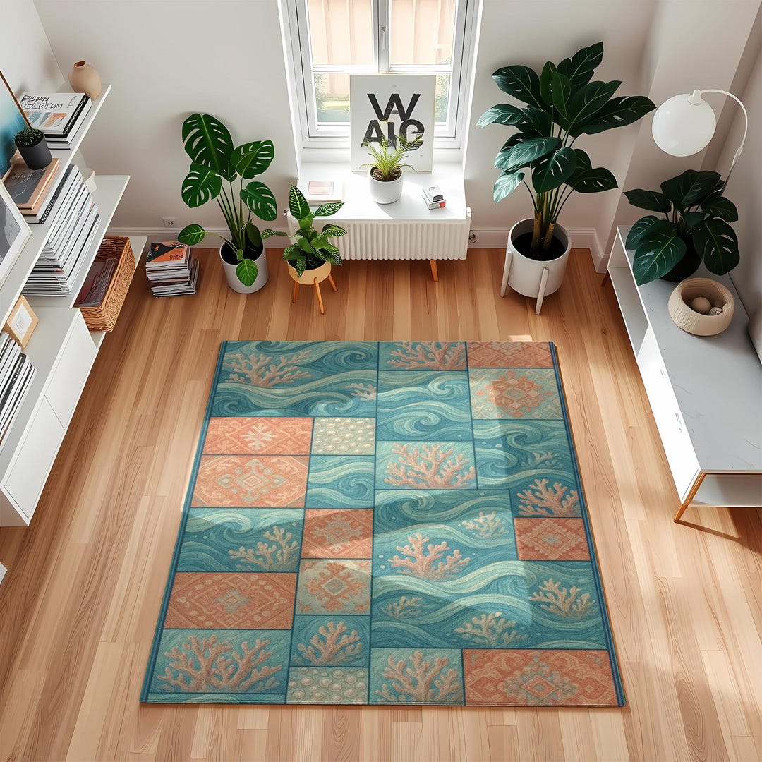 Coastal Coral Reef Inspired Turquoise and Orange Area Rug With Ocean ...