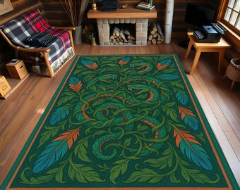 Bohemian Forest Green Snake Rug: Tribal Vine & Feather Motifs