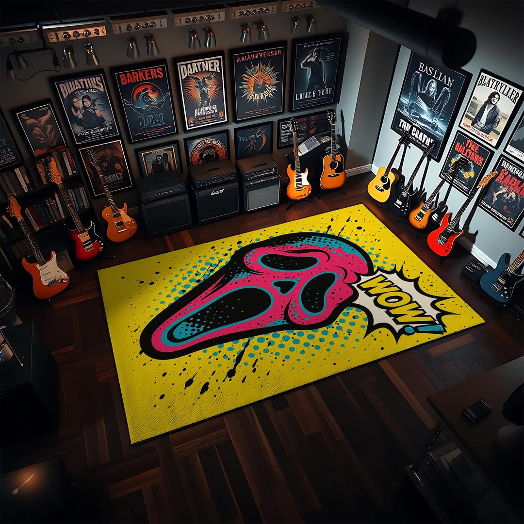 Pop Art Scream Face Rug With WOW Comic Speech Bubble in Neon Pink Blue ...