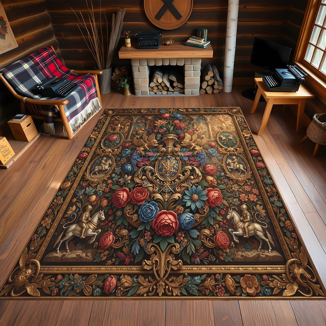 Gothic Royal Crest Rug – Medieval Lion, Baroque Floral Carpet - Etsy