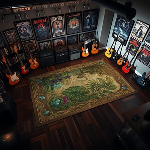 May include: A room featuring a large, ornate rug with a botanical design, surrounded by guitars, amplifiers, and framed concert posters. The room has a dark wood floor and a collection of musical instruments.