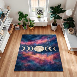 Galaxy Moon Phase Area Rug with Watercolor Nebula Sky Design for Boho Living Room, Bedroom, Yoga & Meditation Decorative Floor Carpet Gift