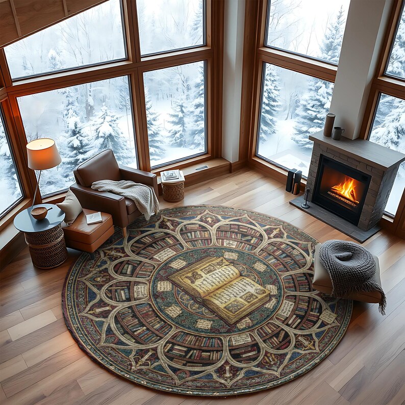 Ancient Library Round Rug With Open Spellbook and Bookshelf Rosette ...