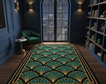 Art Deco Rug with Green and Gold Fan Pattern Vintage Baroque Elegant Home Decor