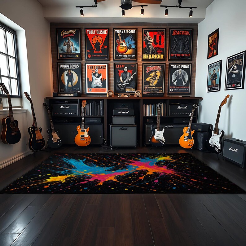 Neon Paint Splatter Rug: Modern Art Floor Mat, Black Colorful Splash - Etsy