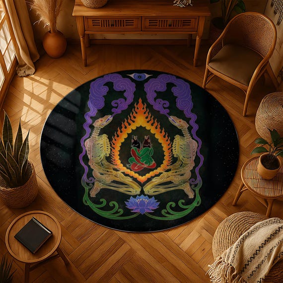 Mystical Wolf Skeleton Round Rug: Boho Meditation, Psychedelic Yoga Mat