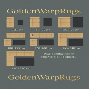 May include: An advertisement for GoldenWarpRugs, showcasing various rug sizes and arrangements. The image displays several rug and furniture layout options, including sizes like 40x60 cm, 100x150 cm, and 180x280 cm. The text encourages inquiries for custom sizes.