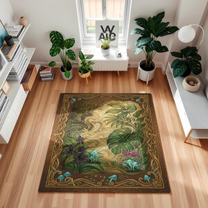 May include: A rectangular area rug with a detailed illustration of a fantasy forest scene. The rug features a brown border with gold accents, and the central design includes plants, flowers, and mushrooms in shades of green, purple, and blue.