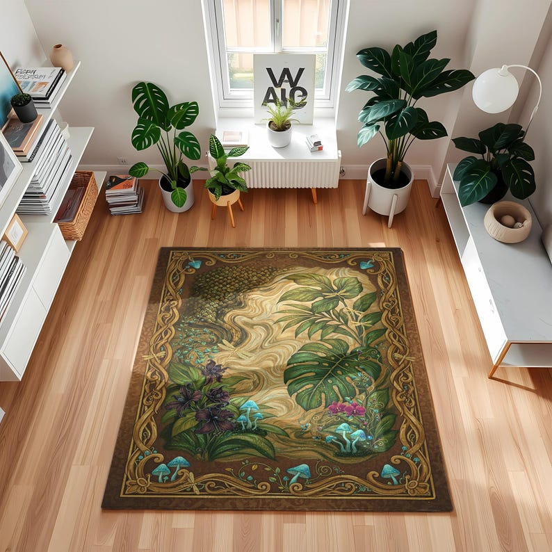 May include: A rectangular area rug with a detailed illustration of a fantasy forest scene. The rug features a brown border with gold accents, and the central design includes plants, flowers, and mushrooms in shades of green, purple, and blue.