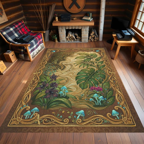 Fantasy Forest Botanical Rug: Mystical Mushrooms, Non-Slip Tropical Floor Mat
