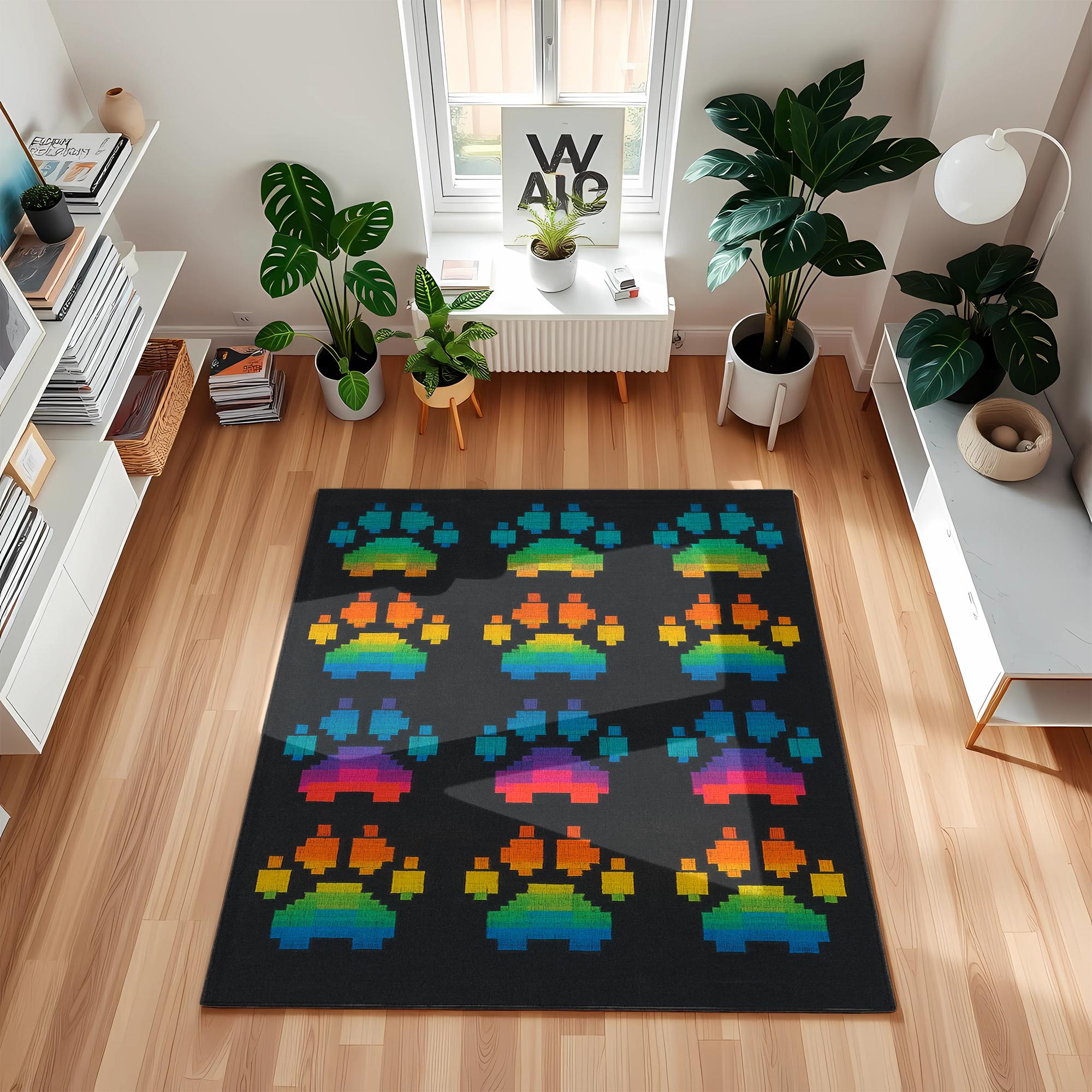 Rainbow Pixel Paw Print Rug: Washable Gaming Room Decor - Etsy