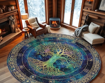 Tree of Life Round Rug: Cosmic Galaxy, Zodiac Design