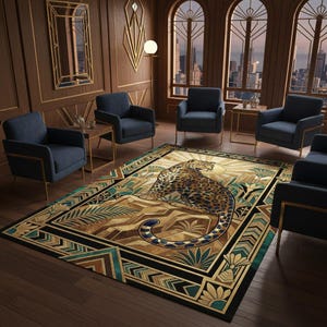 May include: A rectangular area rug with an Art Deco design featuring a leopard. The rug has a black border with geometric patterns in teal, gold, and brown. The leopard is brown with black spots, and the background has a sunburst design.