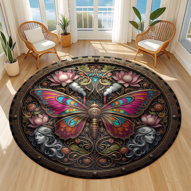 Pink Butterfly Rugs Steampunk Butterfly Rug: Round Lotus Flower Art Nouveau Floor Mat - Etsy