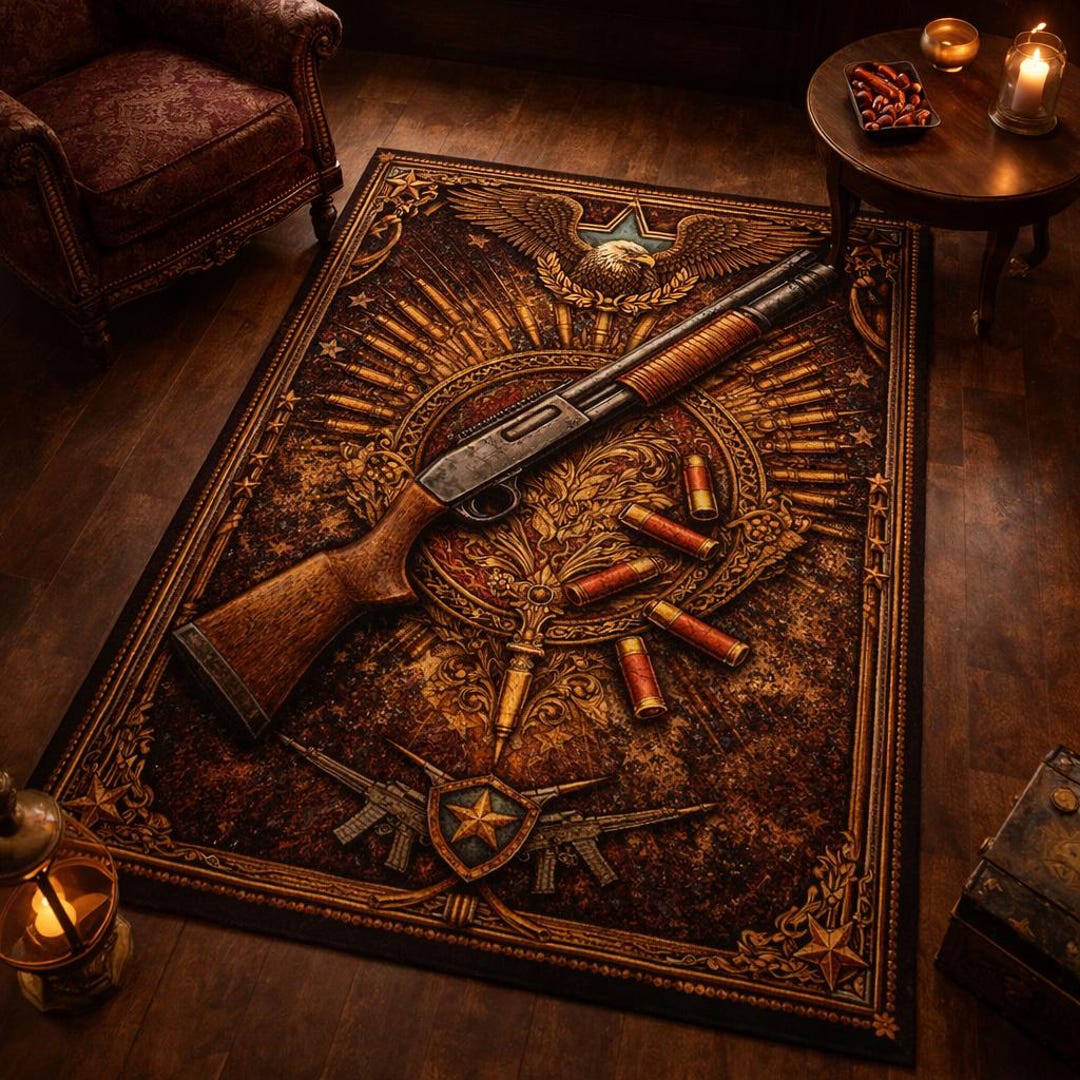 Rustic Hunting Shotgun Area Rug Vintage American Eagle Man Cave Lodge ...