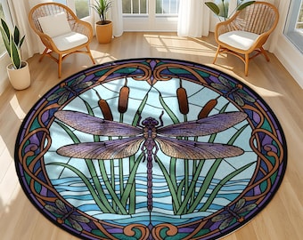 Art Nouveau Round Rug Featuring Dragonfly and Cattails for Nature Inspired Boho Room Decor