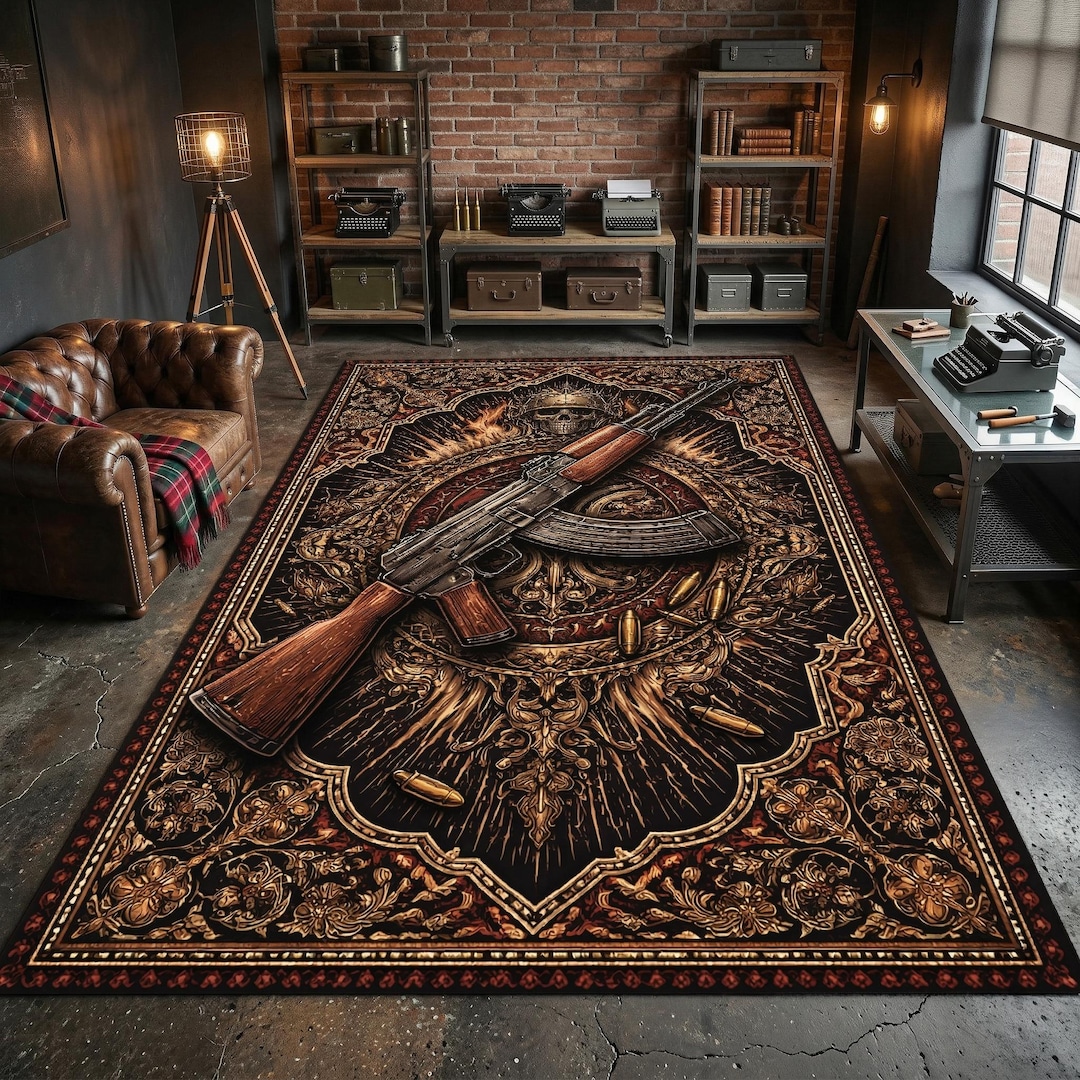 Vintage AK 47 Rifle Rug Gothic Weapon Art Carpet Rustic Man Cave Decor ...
