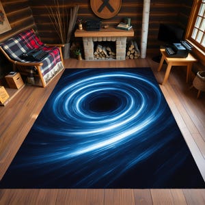 Black Hole Space Vortex Rug with Swirling Blue Galaxy Design, Sci-Fi Universe Carpet for Gamers, Studios or Cosmic-Themed Room Decor Gift