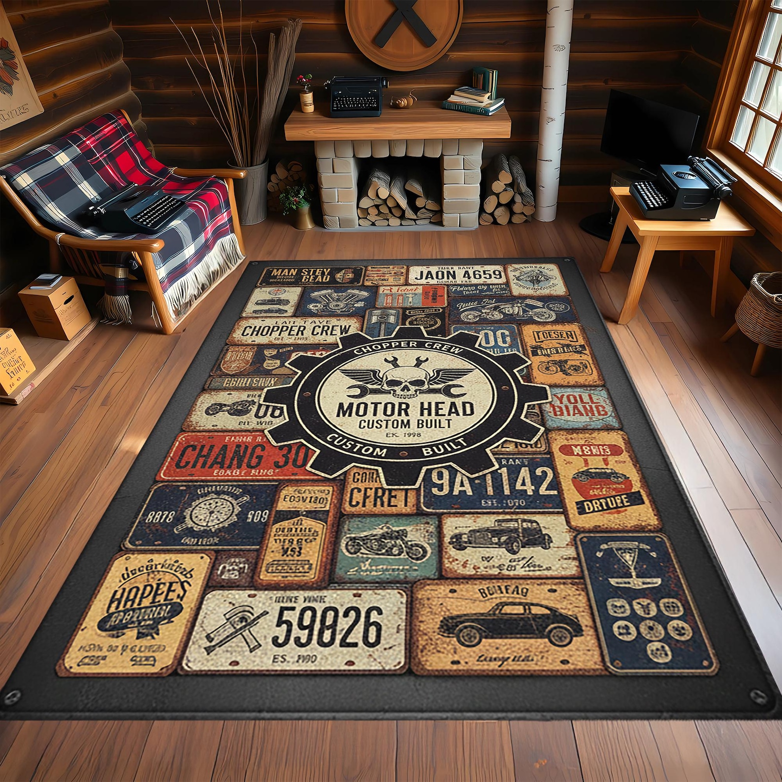 Shell Garage Rug Rug Vintage Garage Style Print for Industrial Man Cave or Motorcycle ...