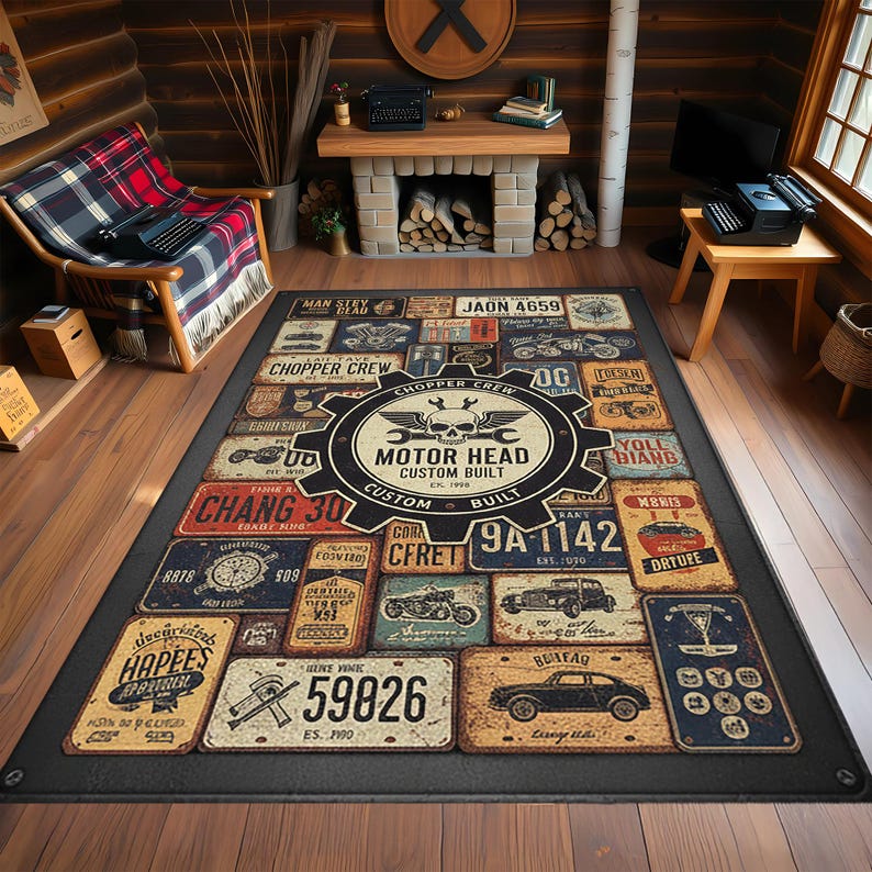 Garage Shop Rug Rug Vintage Garage Style Print for Industrial Man Cave or Motorcycle ...