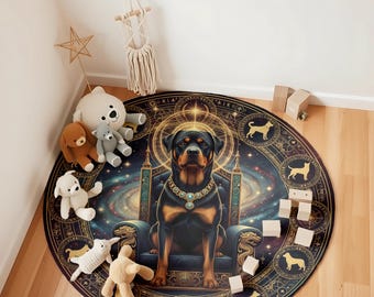 Cosmic Rottweiler Rug: Round Galaxy Dog Mat for Nursery