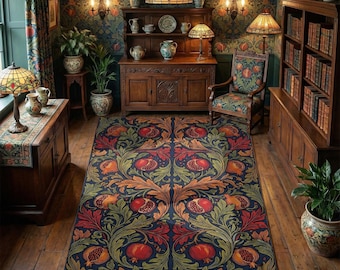 William Morris Style Pomegranate Rug For Vintage Inspired Rustic Country Or Man Cave Decor