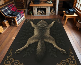 Rustic Wolf Rug for Cabin Decor Dark Forest Wolf Carpet Ornate Corners Design Style
