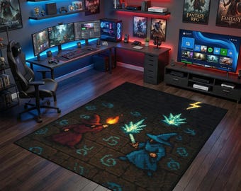 Retro pixelkunst vloerkleed, tovenaarsduel, elementaire spreuken, kerkertegelraster - Gamerkamer, Streamer-setup