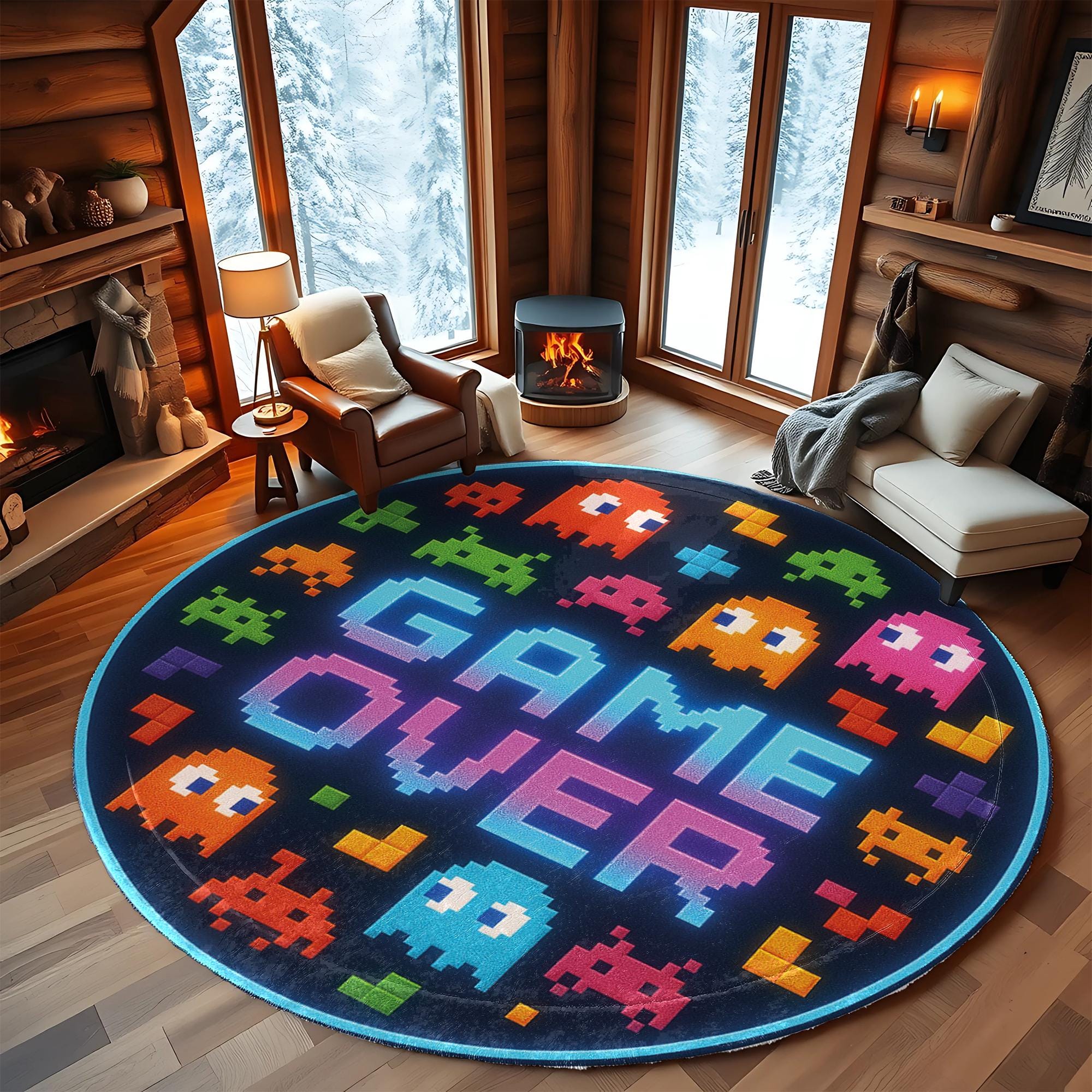 Game Over Rugs Retro Gamer Room Rug, Game Over Design, Classic Arcade Pixel Characters ...